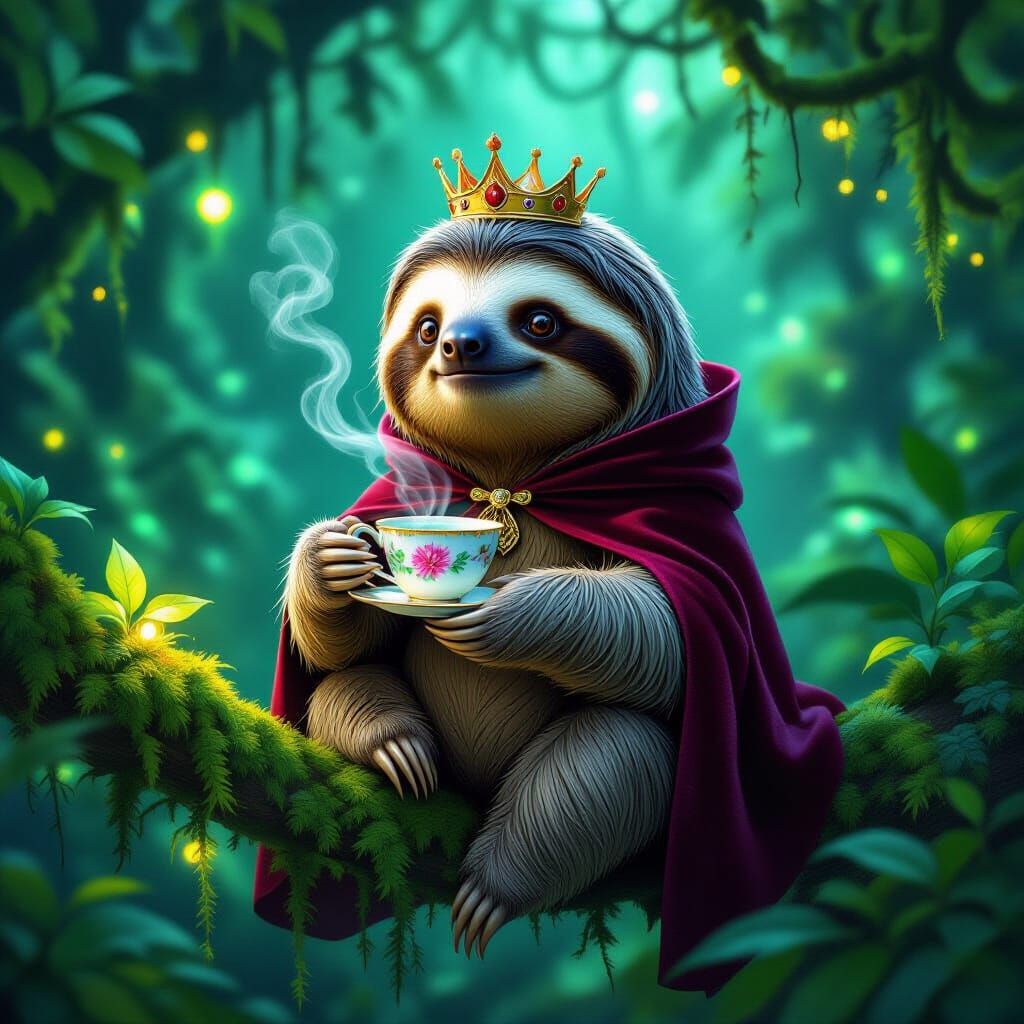 Regal Sloth in Bioluminescent Jungle with Teacup