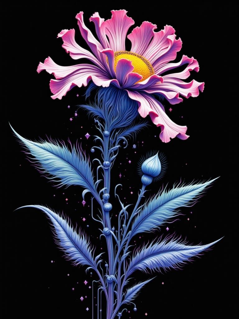 Cyberpunk Botanical Art of Dead Flowers in Exotic Antique In...