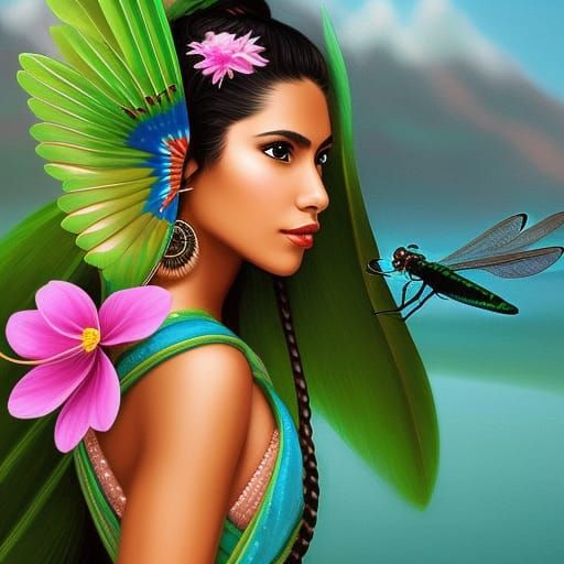Native American Teen Girl with Dragonfly Wings