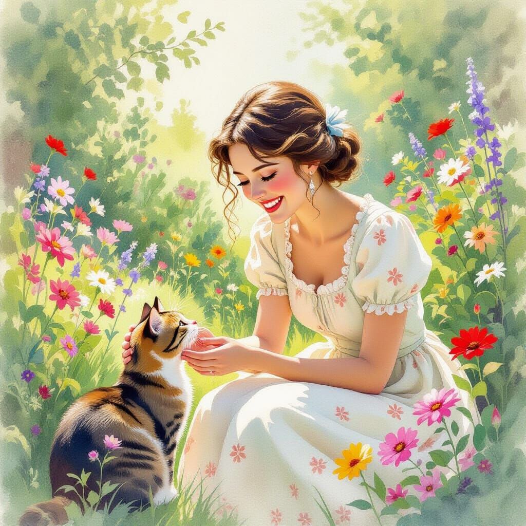 Woman and Cat in Garden, Watercolor Style