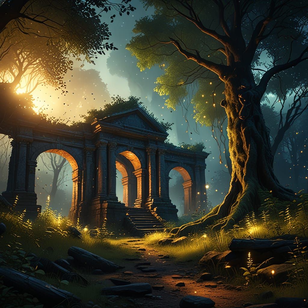 Forgotten Forest with Fireflies in Painterly Realism