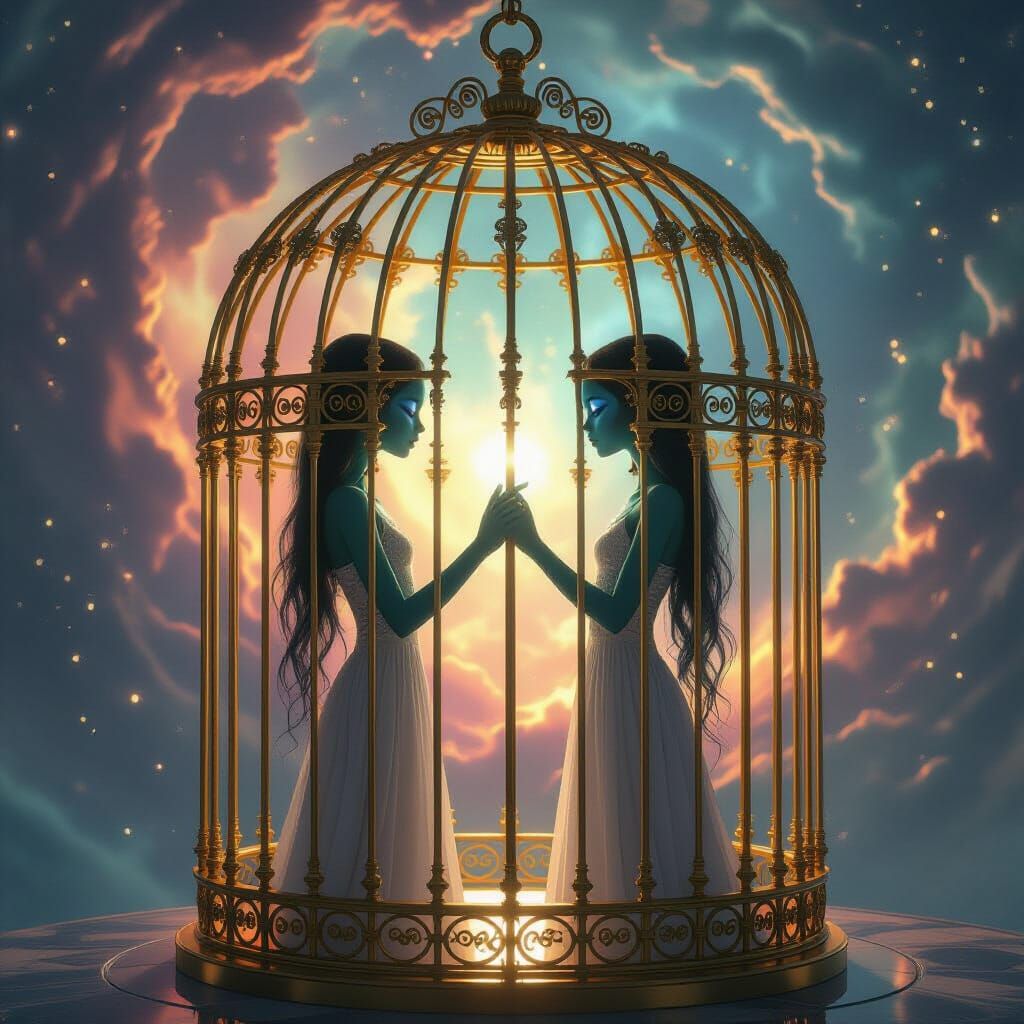 Ethereal Alien Girls in Cosmic Golden Cage