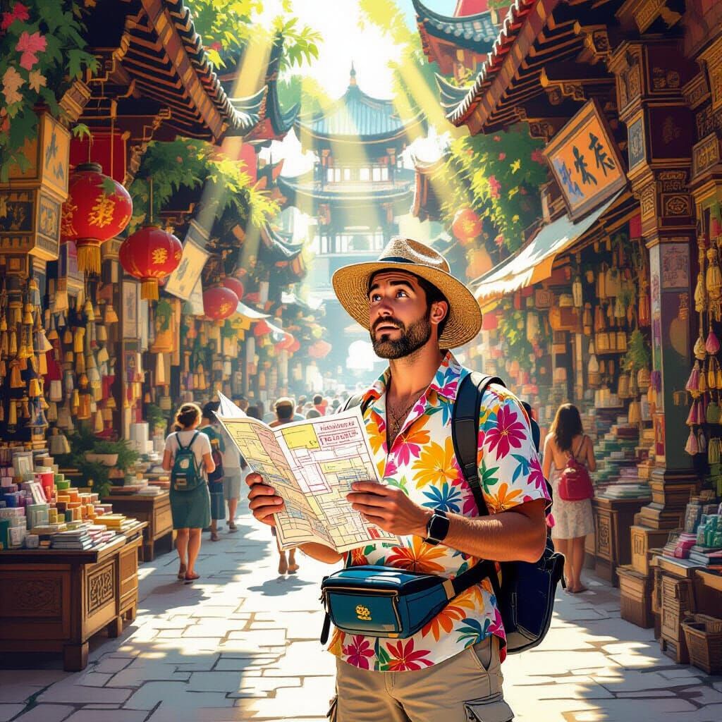 Confused Tourist in Bustling Ancient Marketplace