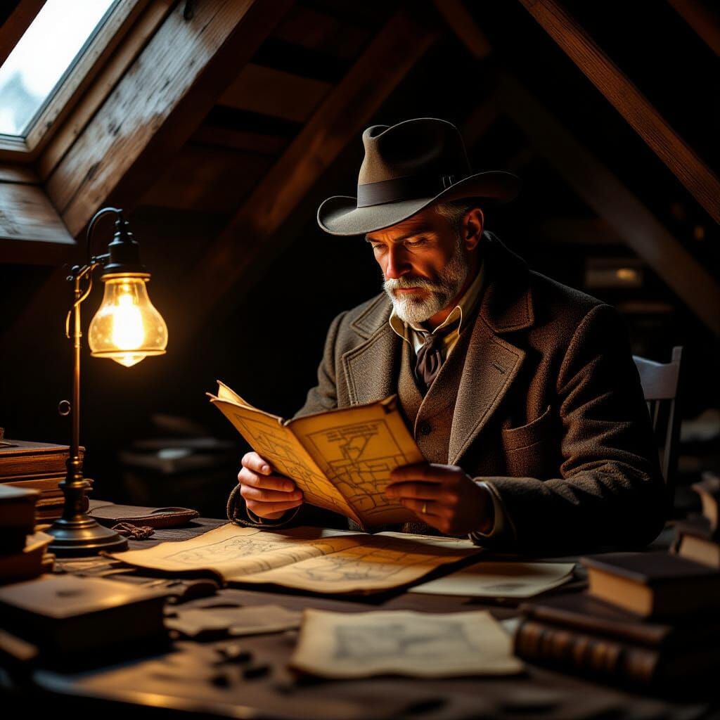 Explorer Studies Map in Cozy Attic, Cinematic Style