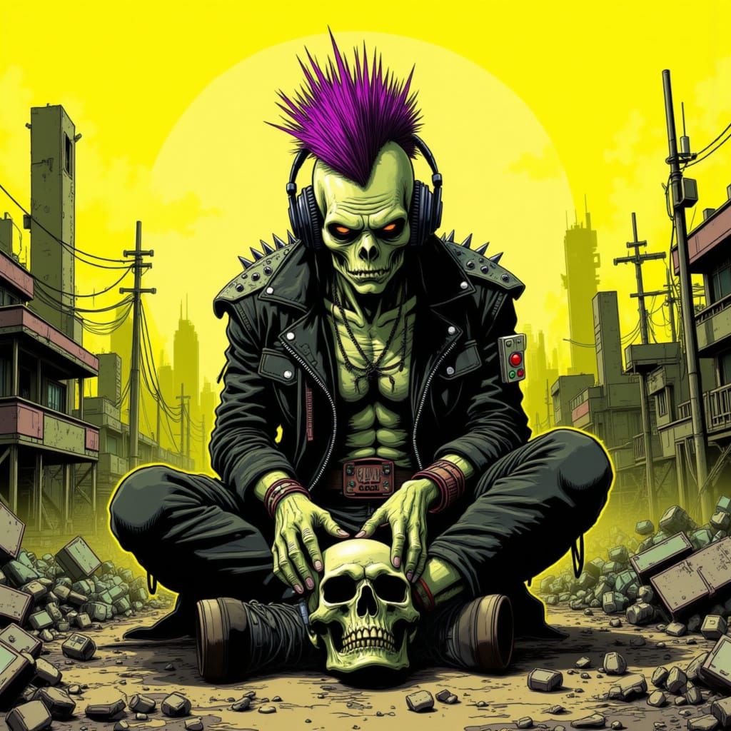 Punk Zombie with Mohawk in Cyberpunk City Comic Art