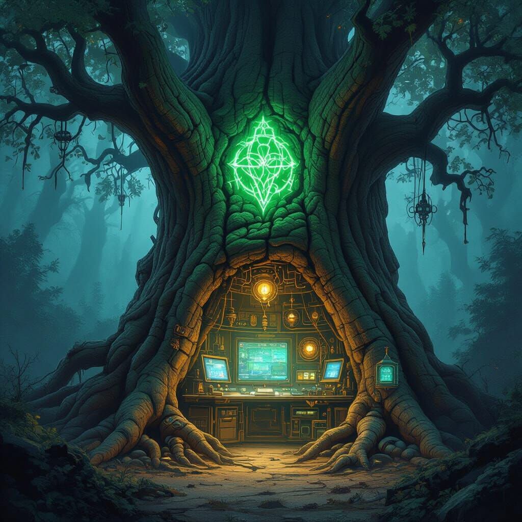 Steampunk Tree Hideout With Glowing Runes and Control Room