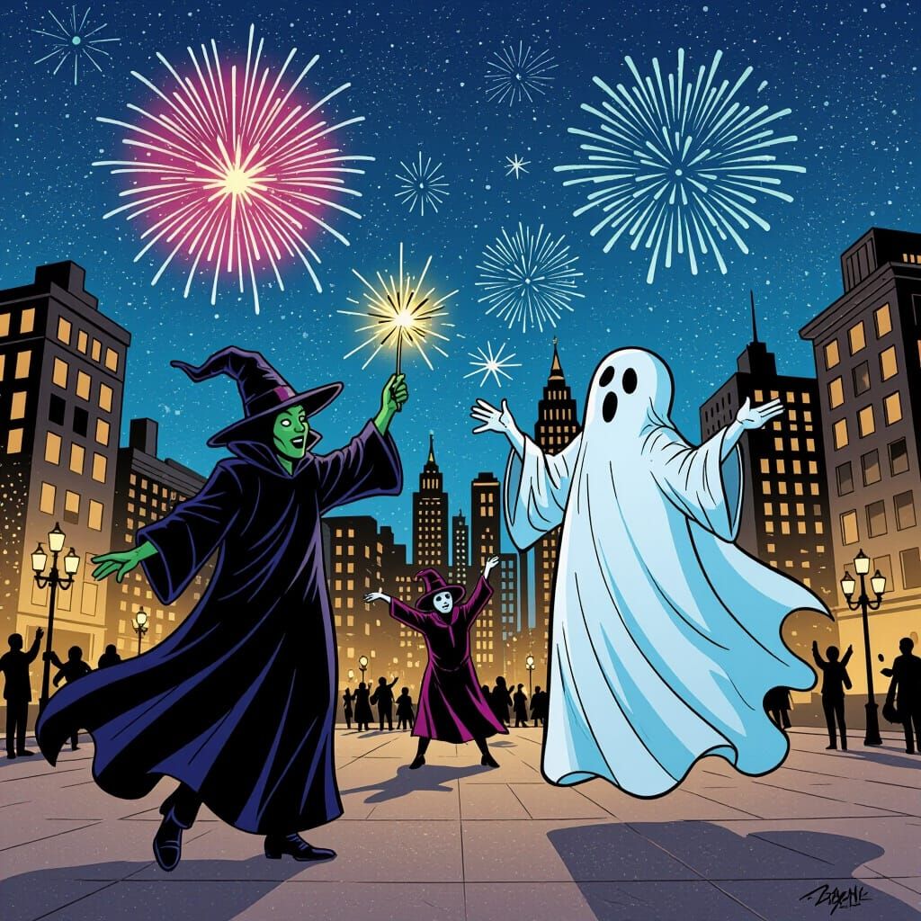 Comic Style New Year's Eve Celebration with Ghosts