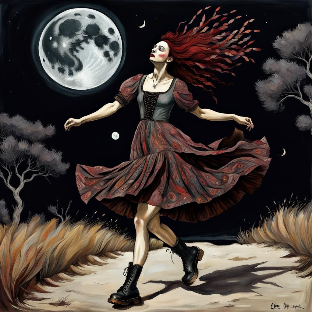 Bohemian Woman Dancing Under the Moon in Ink Print Style
