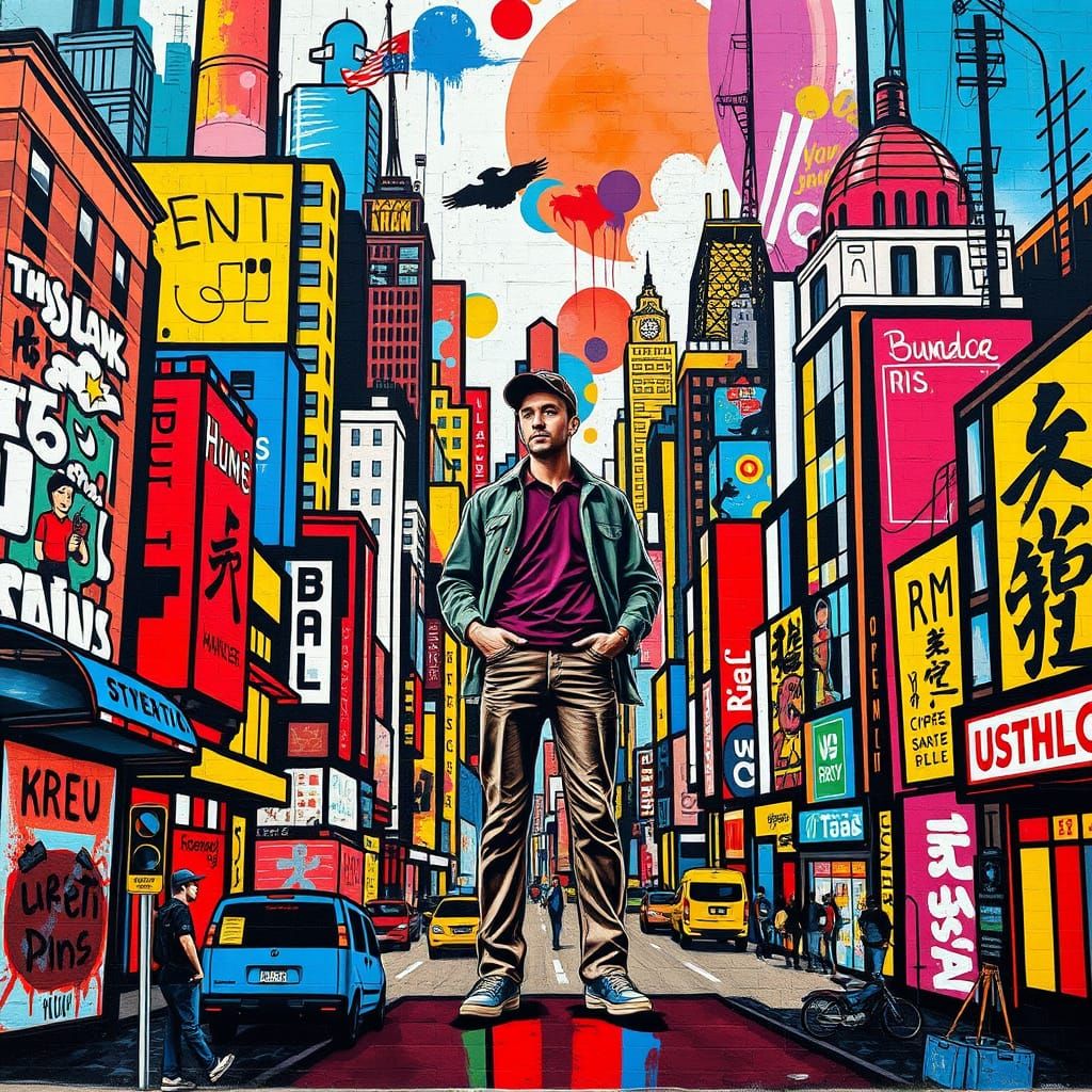 Confident Urbanite Amidst Vibrant Cityscape