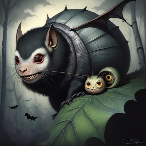 Surreal Bat-Snail Creature in Lush Forest