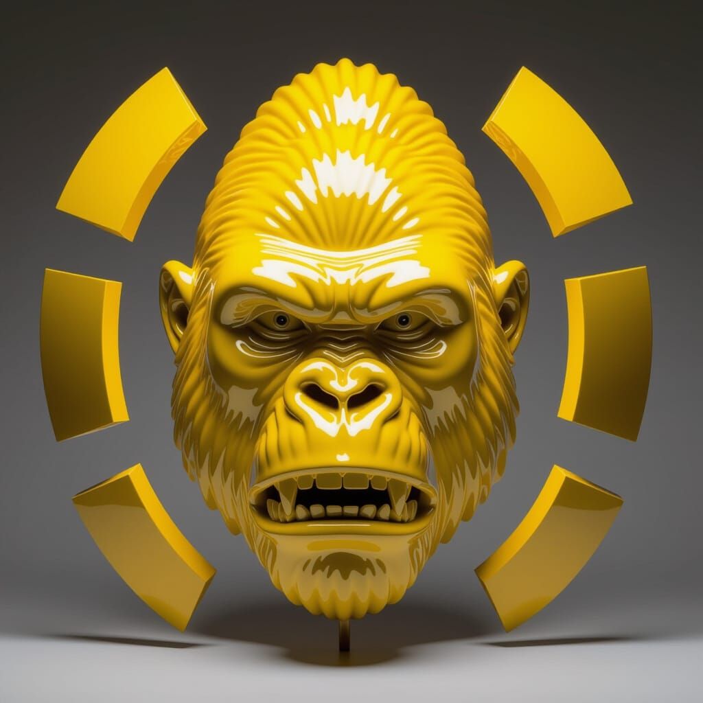 "A conceptual sculpture by Richard Orlinski, a deconstructed gorilla head, where several of its iconic facets appear to ...
