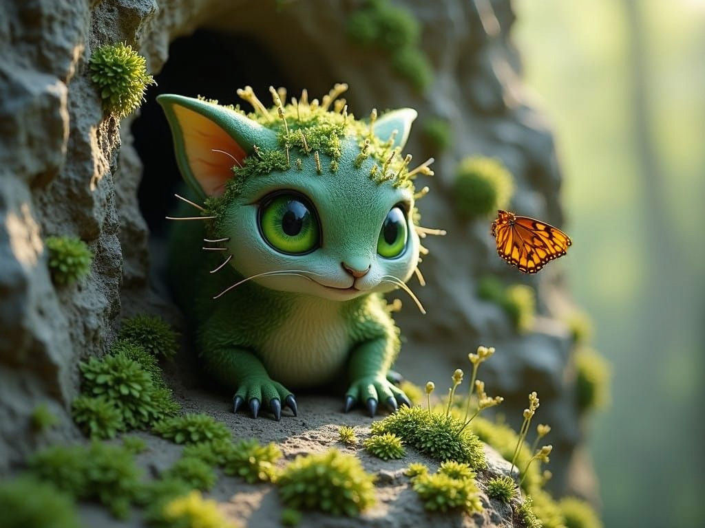 Elfin Stone Creature Emits Emerald Light in Whimsical Landsc...