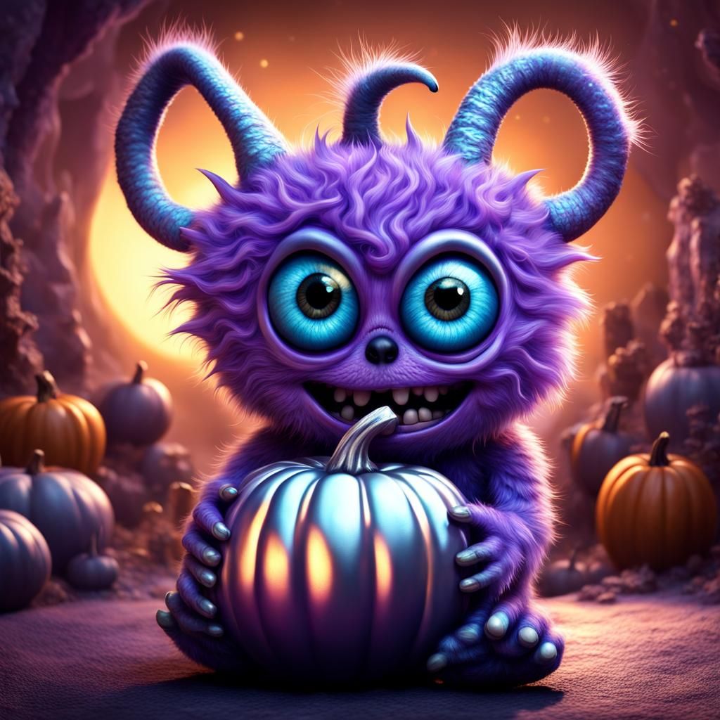 Cute Purple Monster with Pumpkin in Space