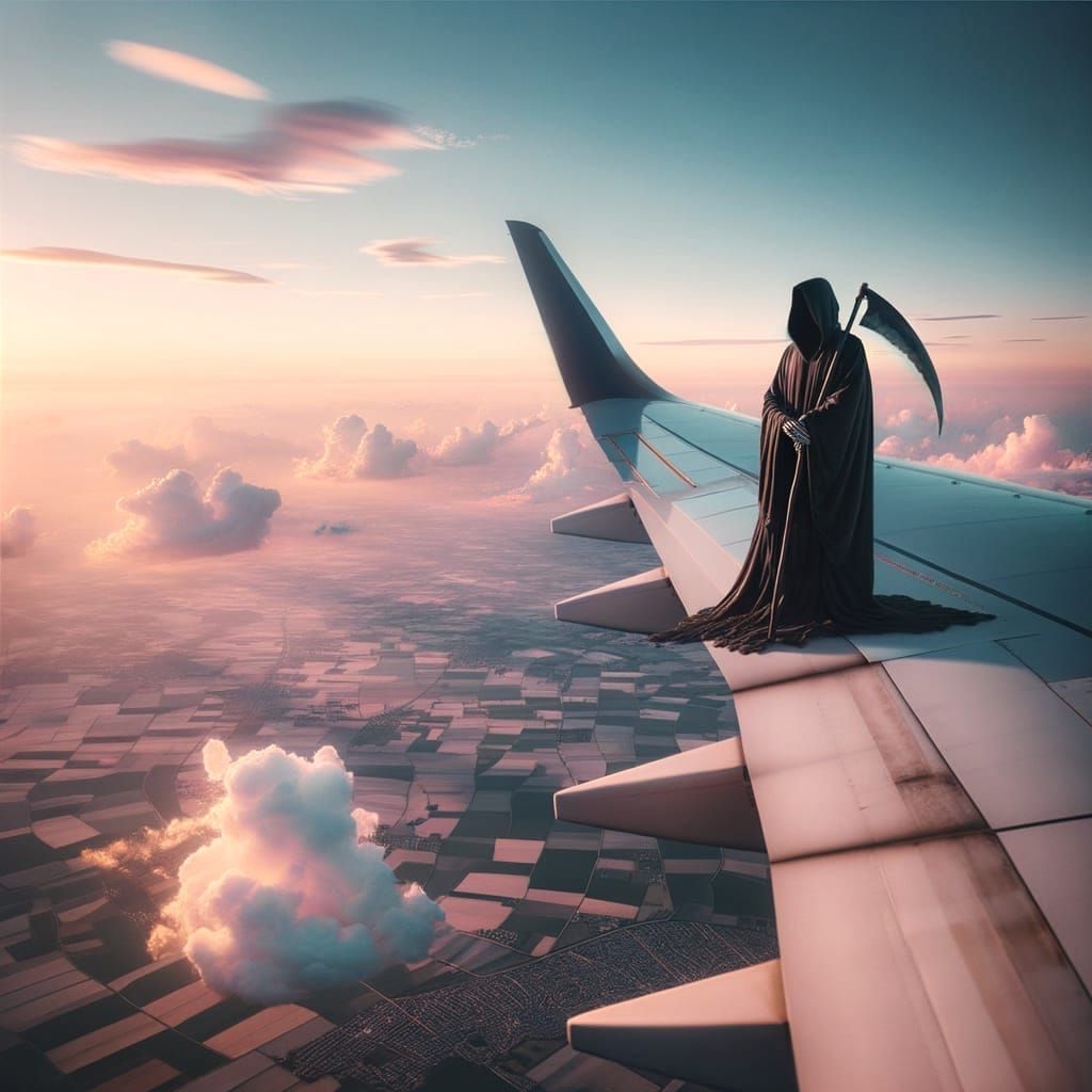 Surreal Grim Reaper on Airplane Wing
