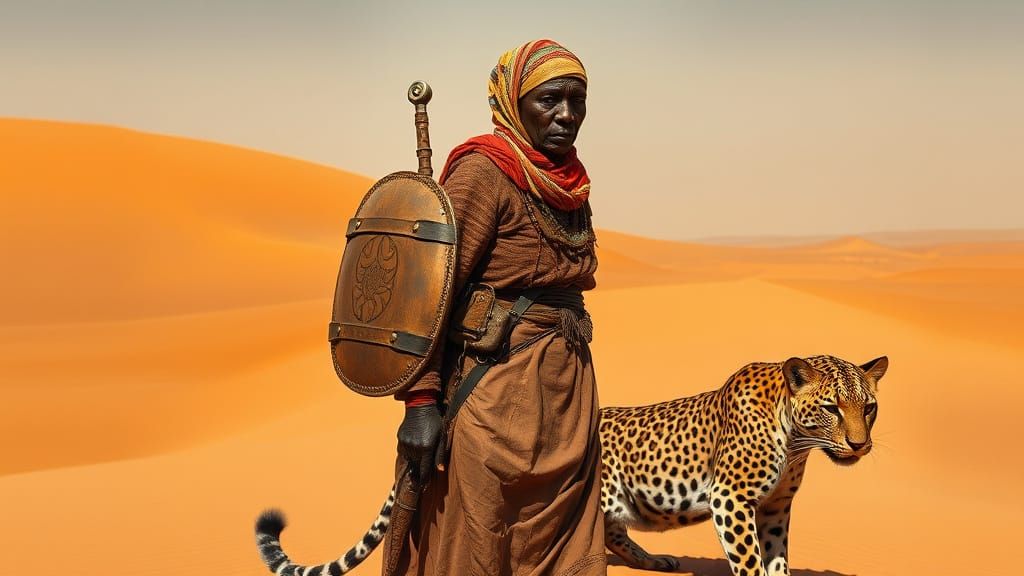 Ancient Sahara Desert Warrior Woman with Leopard