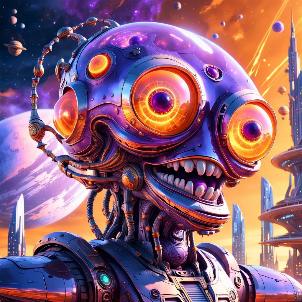 Cyberpunk Cyborg Goddess Amidst Neon Skies