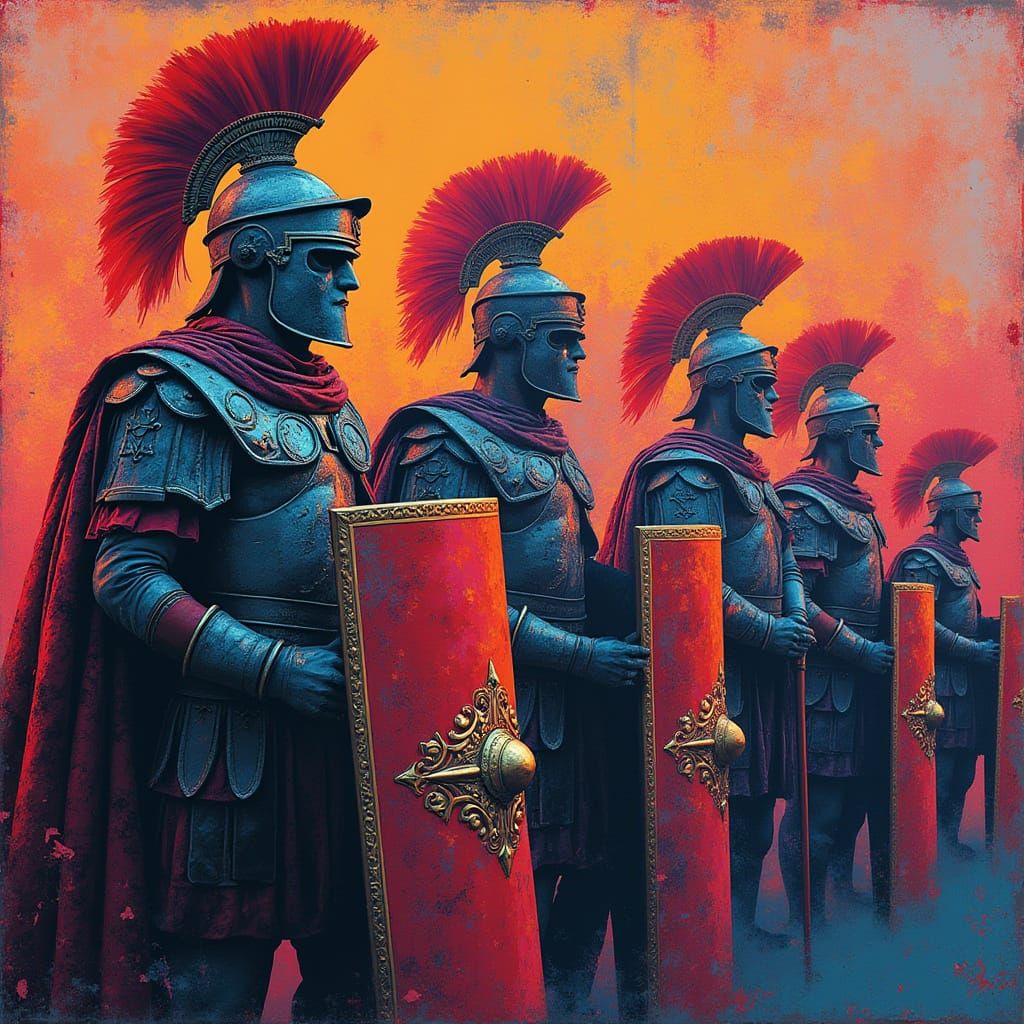 Ghostly Roman Legionaries in Vibrant Stencil Print
