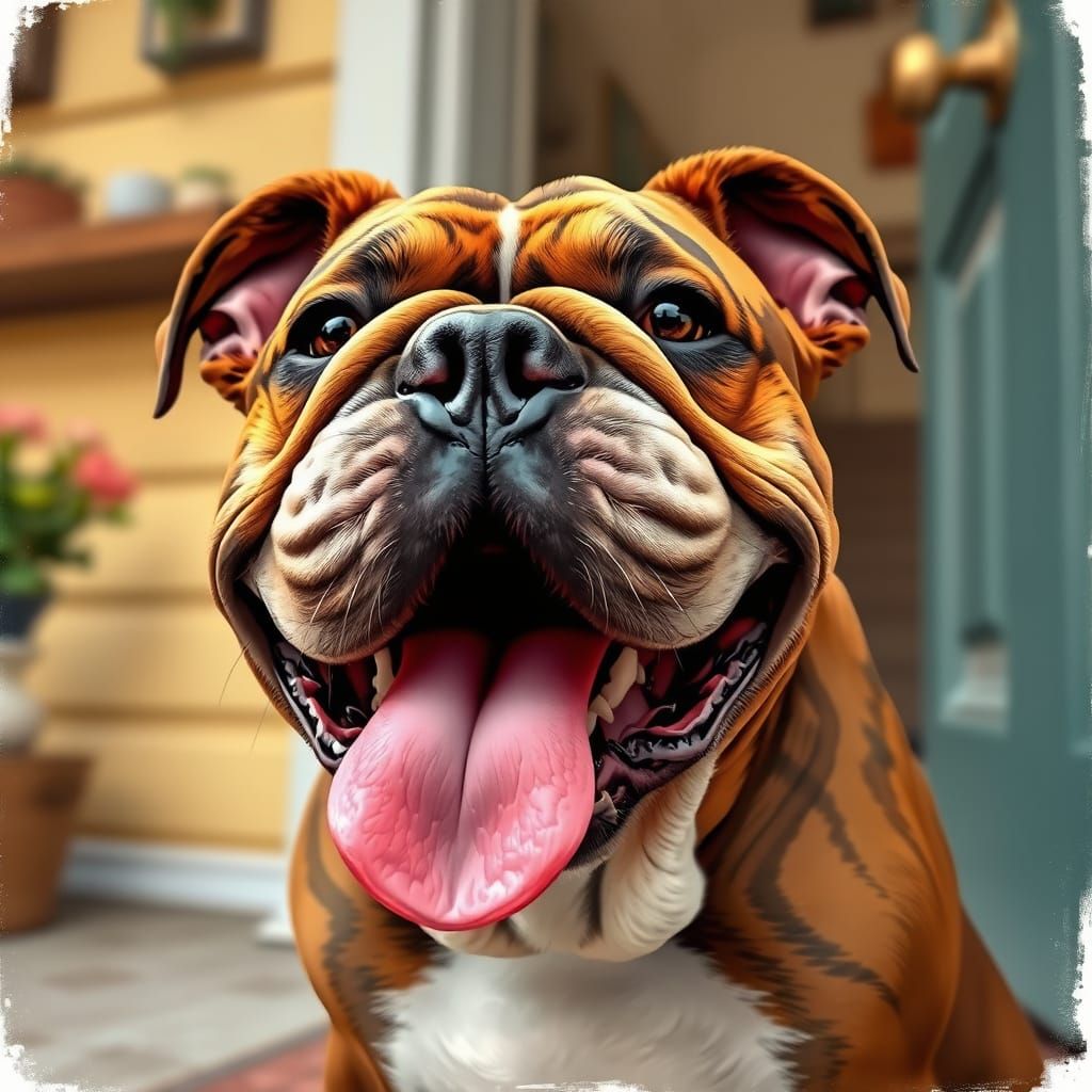 Joyful Brindled Bulldog Greets Master at the Door in Vibrant...
