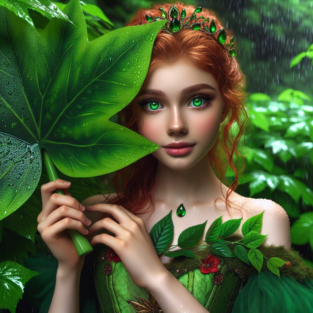 Forest Princess with Emerald Eyes Hiding from Rain