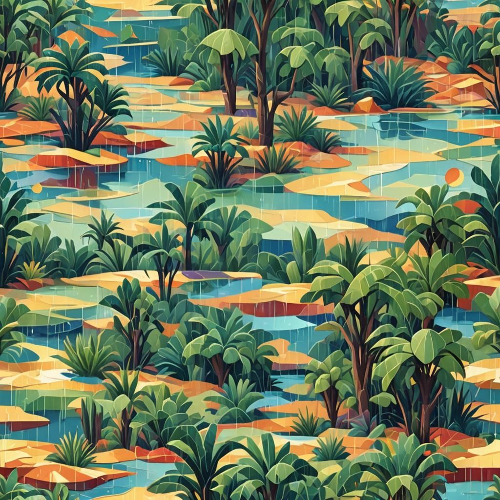 Iridescent Rain on Desert Island in Cubist Style