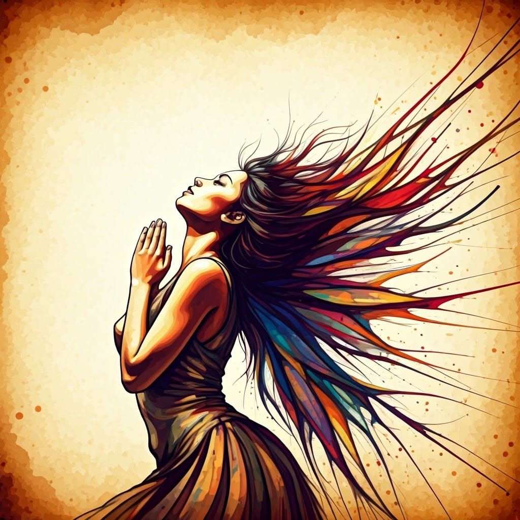 Latina Fairy in Prayer, Ink Splash Art