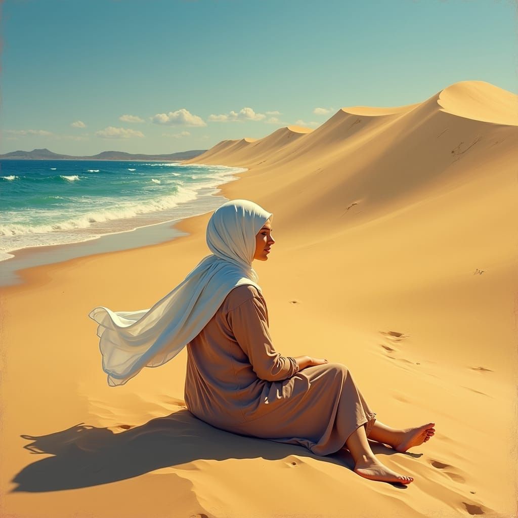 Muslim Woman on Beach in Sunlight, Oil Painting