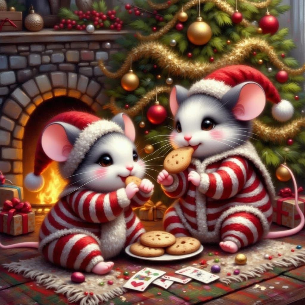 Mice in Pajamas Play Cards Under Christmas Tree