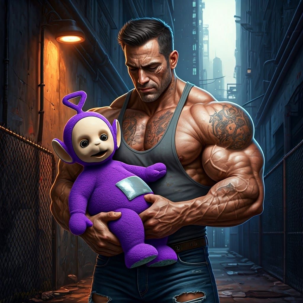 Gritty Hero Tenderly Holds a Bright Purple Teletubby