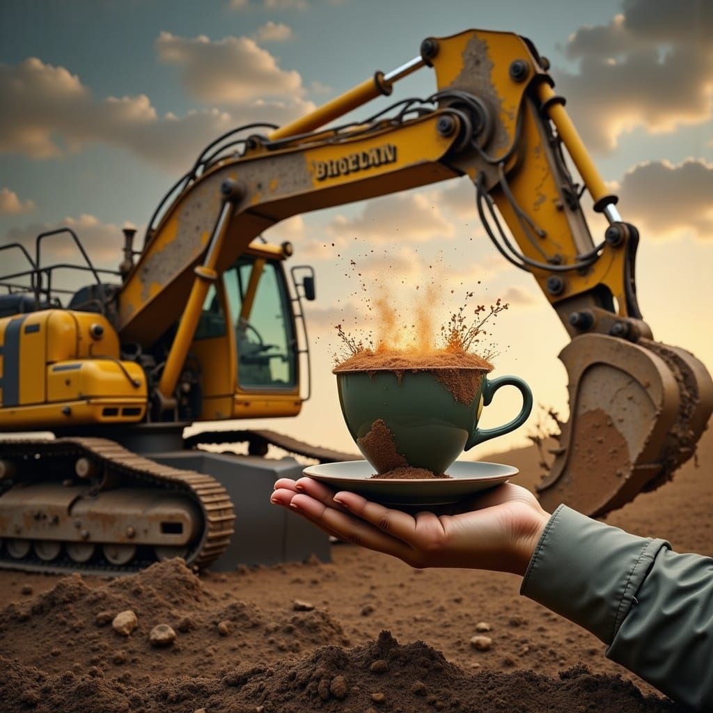 Excavator Arm Delicately Holds Coffee Cup
