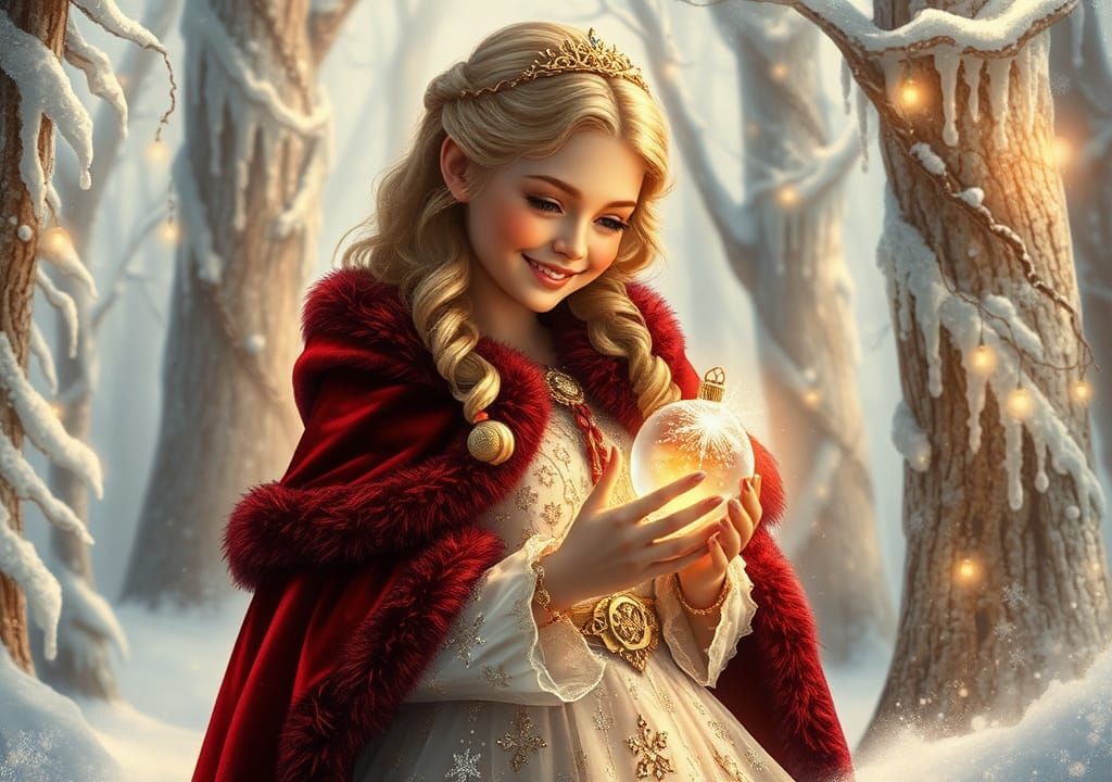 Fairytale Princess Celebrates Christmas in Snowy Forest