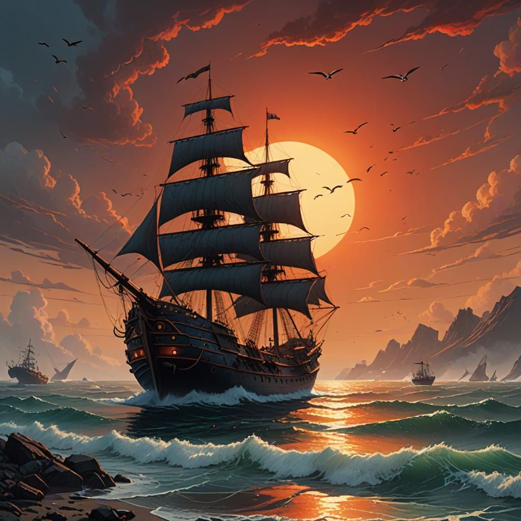 Hyper-Realistic Ship Sails Across Breathtaking Sunset Horizo...