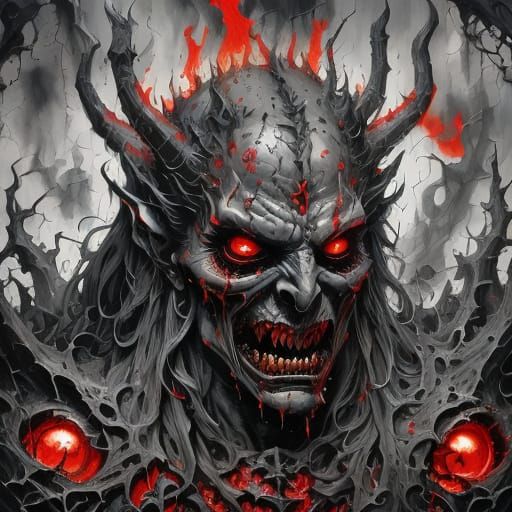 Creepy Doll with Red Eyes and Sharp Features in Dark Fantasy...