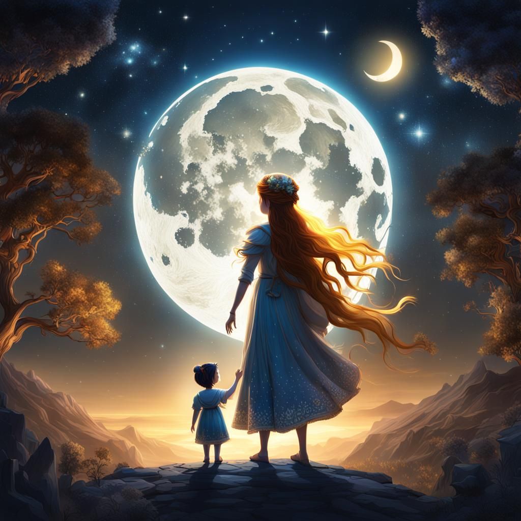 Child and Goddess in Starry Night: Fantasy Art