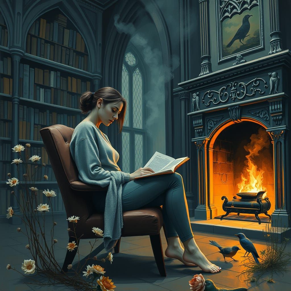 Whimsical Woman in a Gothic Library