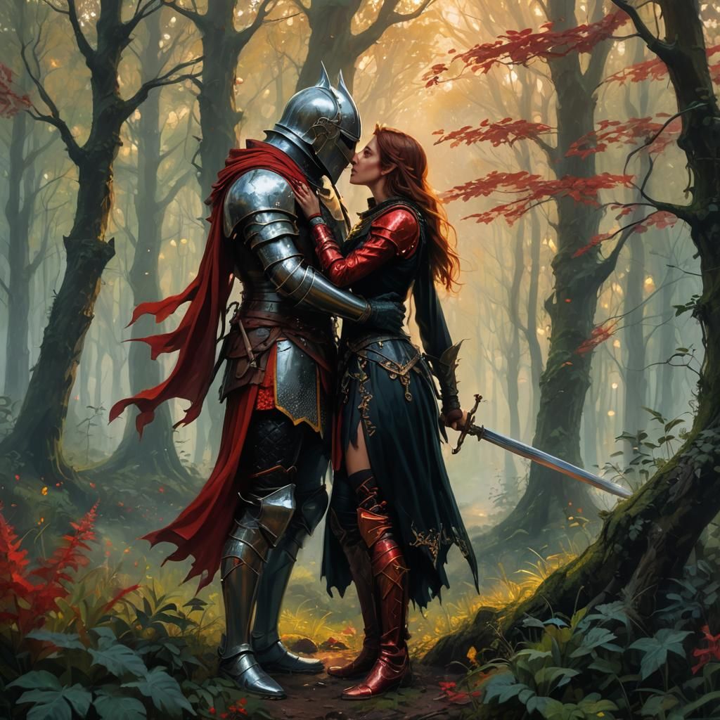 Romantic Kiss Between Knight and Witch in Misty Forest