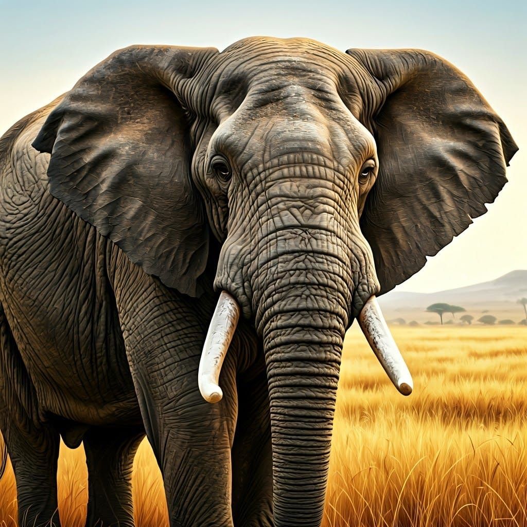 Elephant in Savannah Landscape, Expressive Artwork