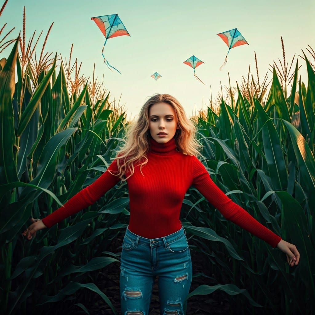 Woman in Cornfield with Sea Kites