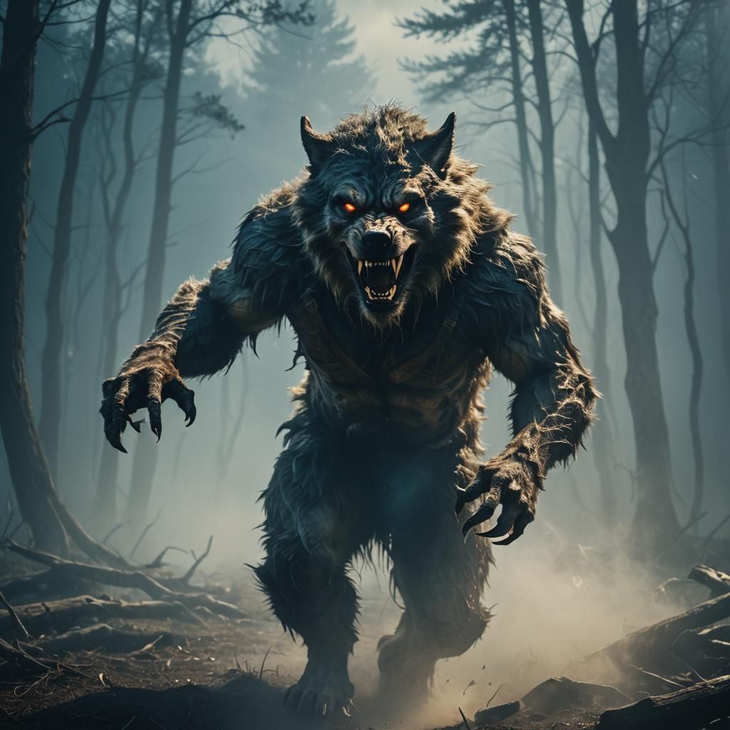 Terrifying Werewolf Emerges from Mist: Cinematic Horror