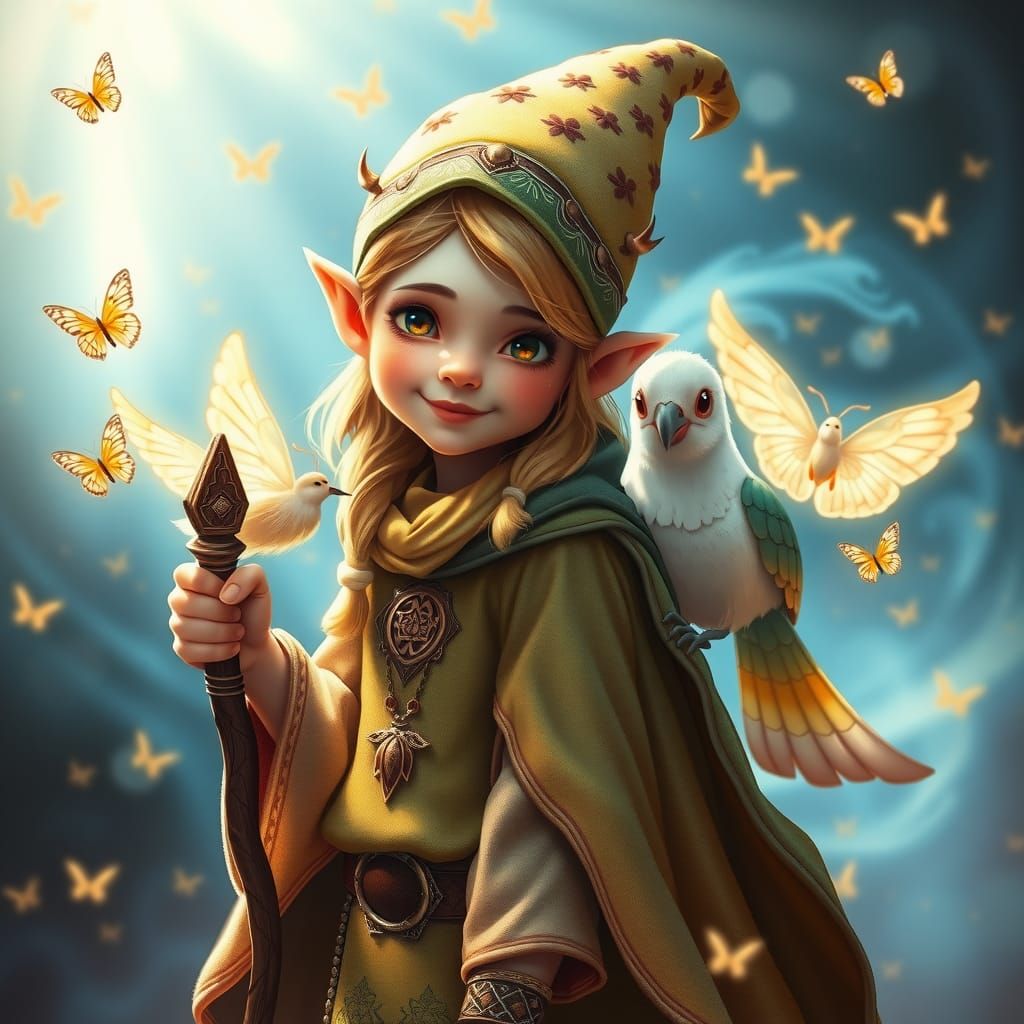Gnome Cleric and Bird in Dreamlike Art Nouveau Scene