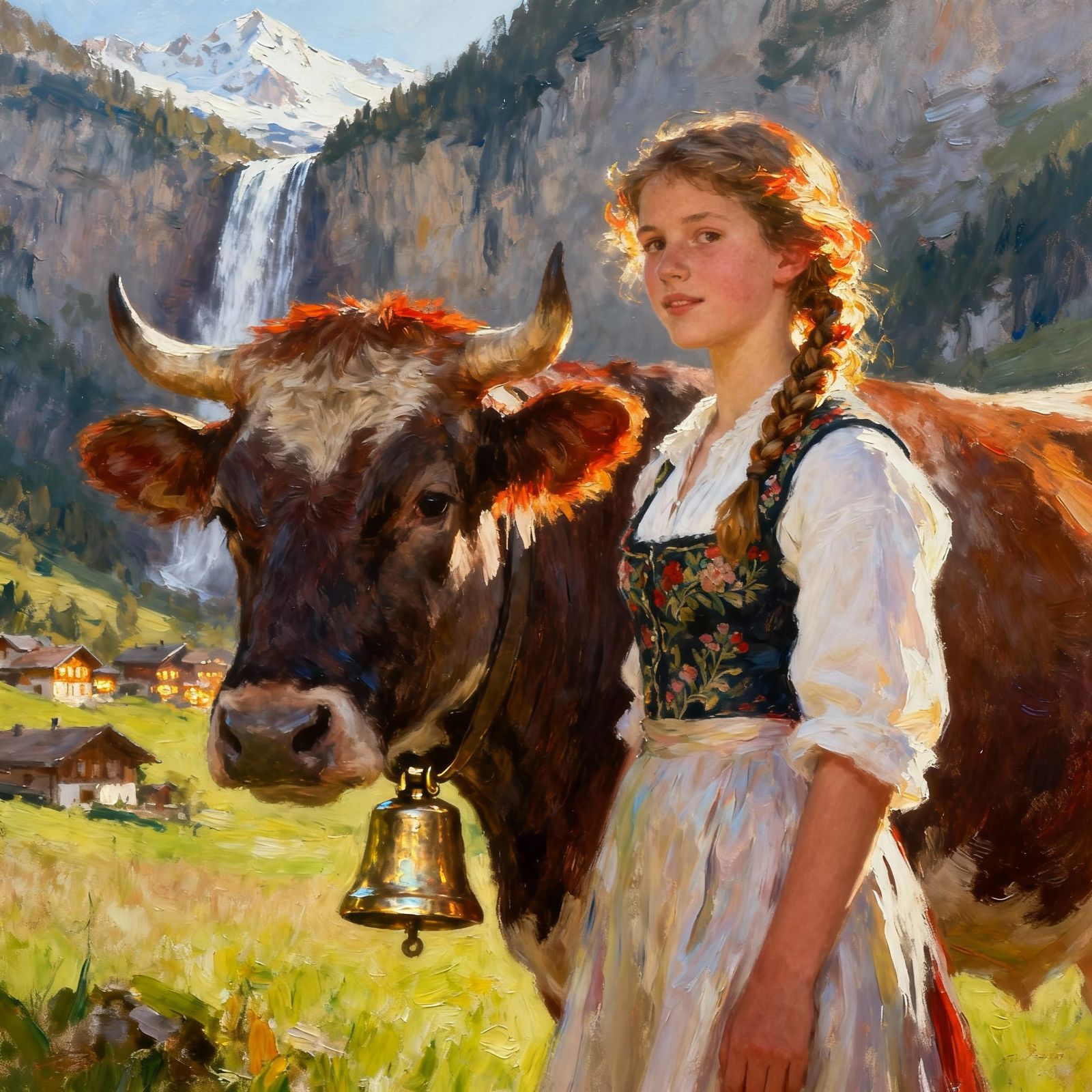 Swiss Girl and Cow in Lauterbrunnen Valley Painting