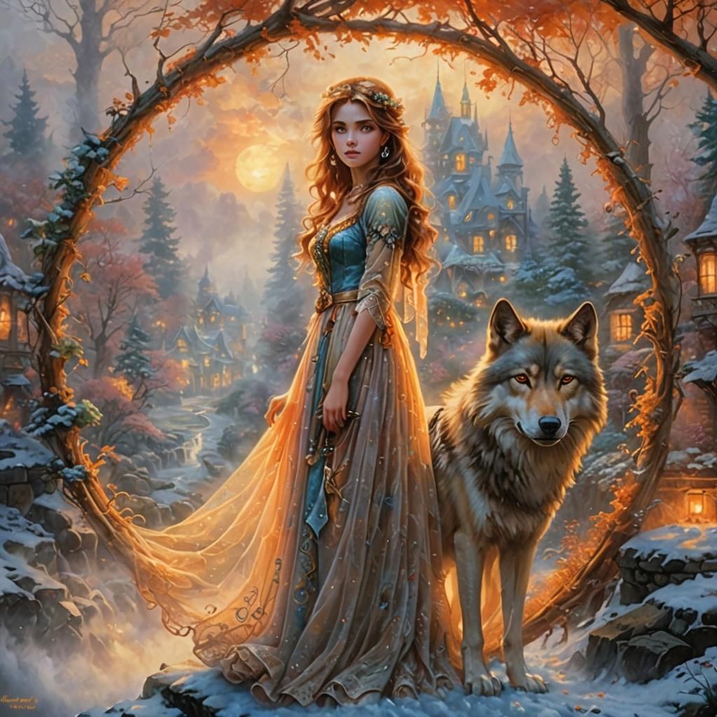 Ethereal Wolf with Orange Eyes in Fantasy Landscape