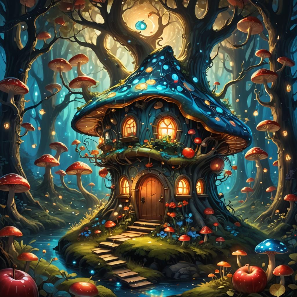Enchanted Fairy Apple House in Bioluminescent Forest