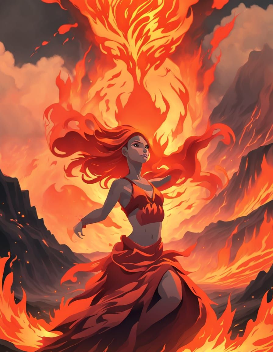 Anime Fire Dancer Rising from Kīlauea Volcano