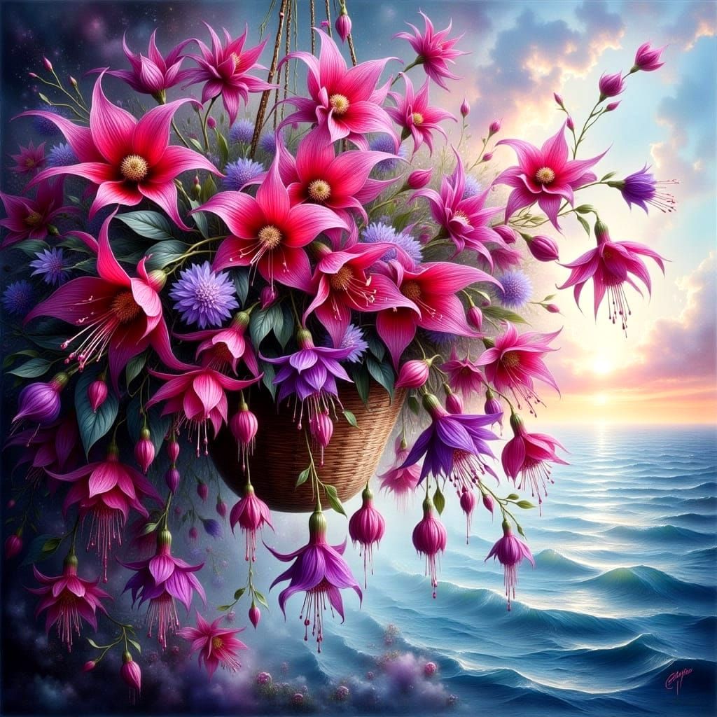 Lush Fuchsia Basket by the Sea: Impasto Oil Painting