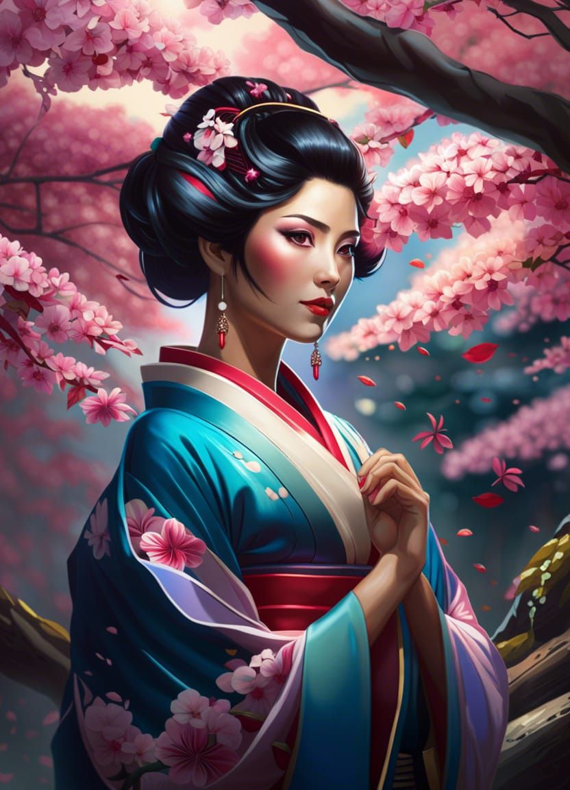 Geisha in Sakura Garden: Art Nouveau Portrait