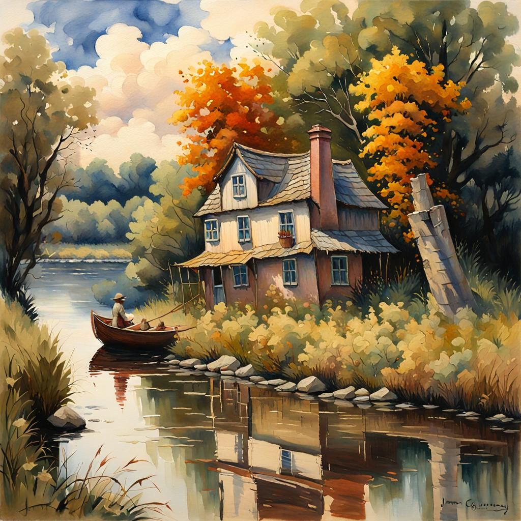 Riverside Cottage in Gouache Impressionist Style