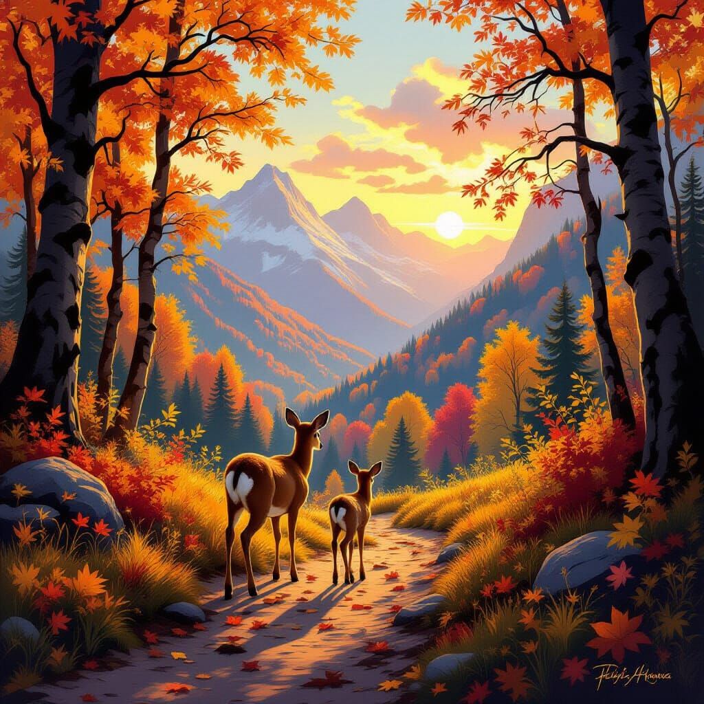 Deer Family on Autumn Trail in Golden Hour Light