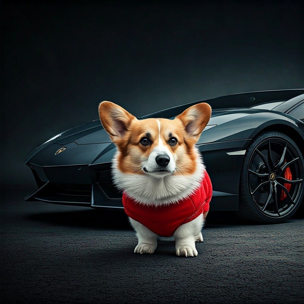 Corgi in Lamborghini: Dynamic Automotive Photo