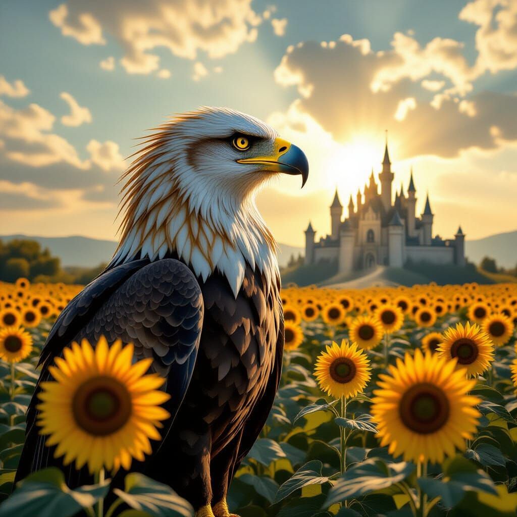 Griffin with Human Face in Sunflower Field, Surrealist Style