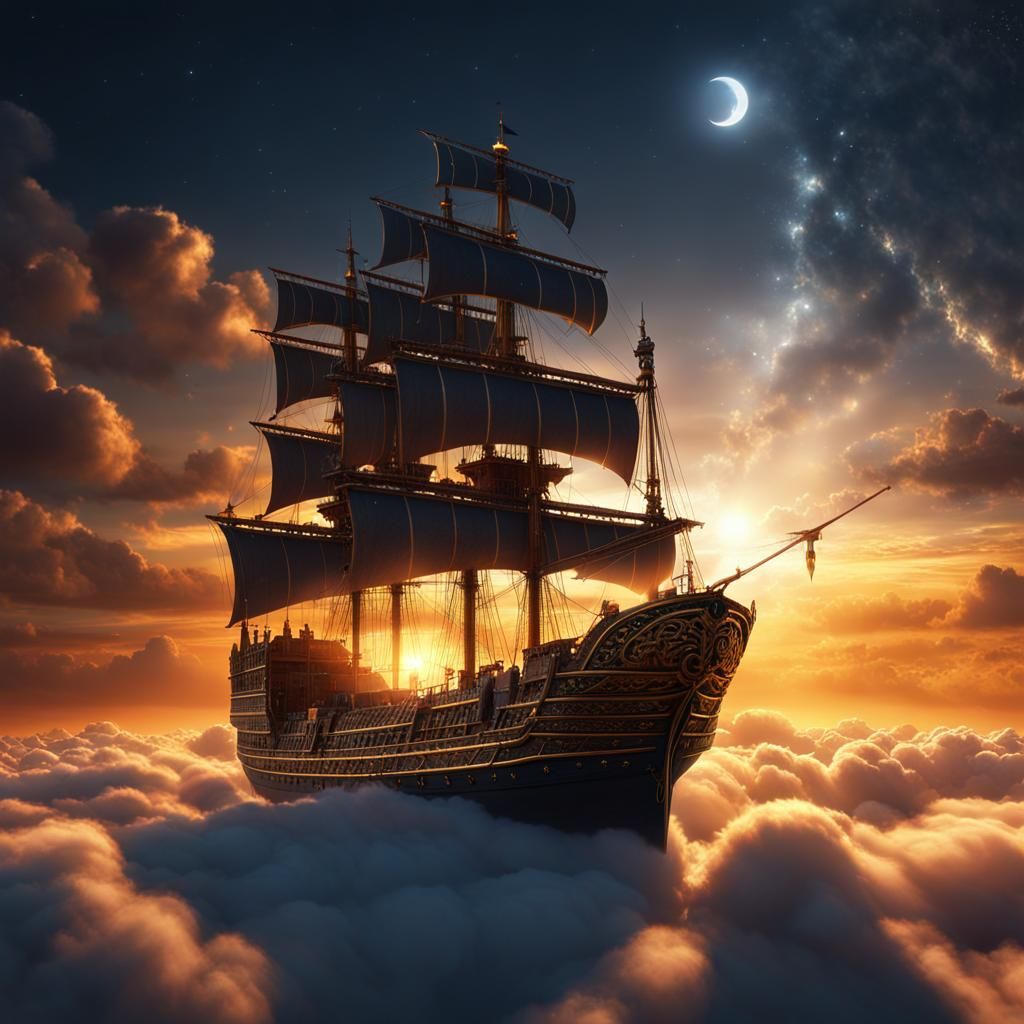 Mystical Ship Above Clouds at Sunset